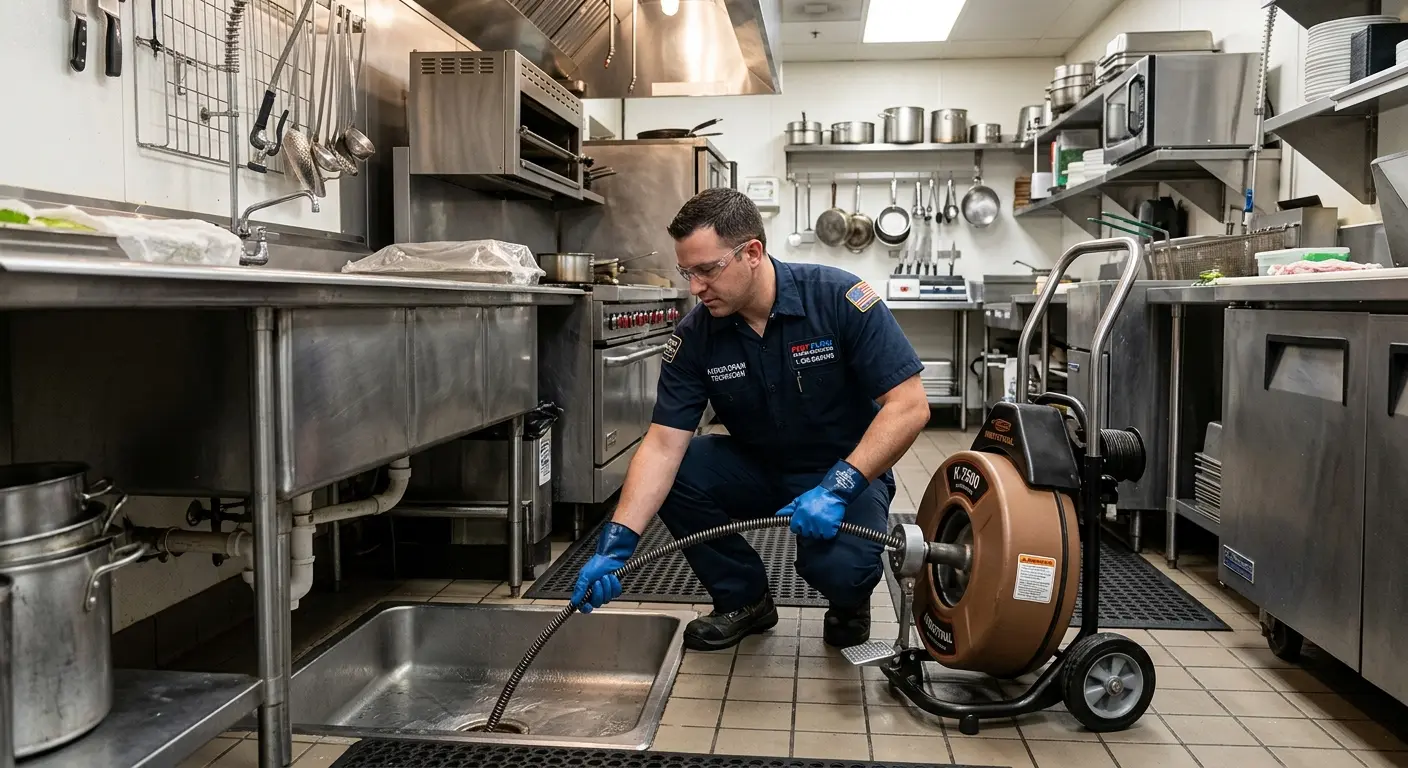 Commercial drain cleaning service in a restaurant kitchen in Blackwell