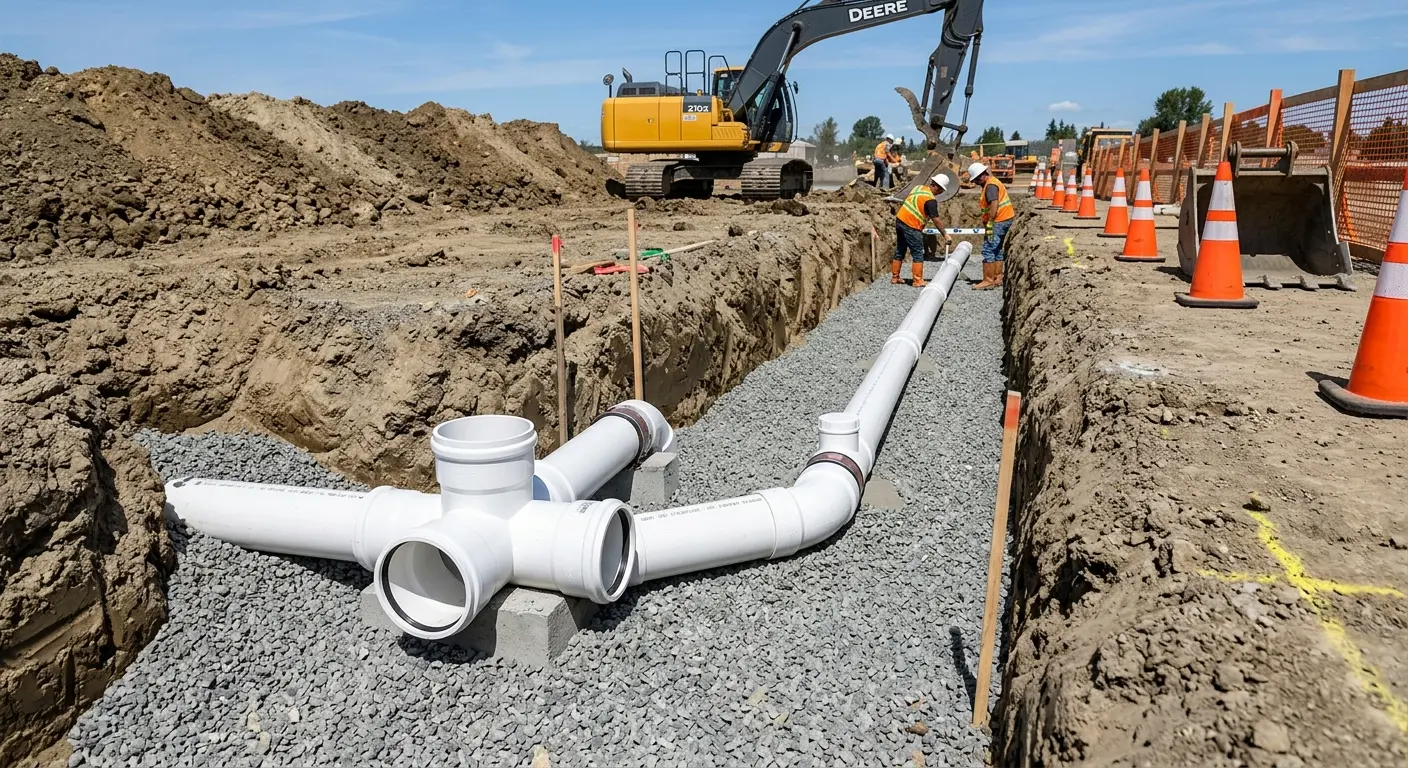 New PVC sewer pipe installation in open trench for Commercial Drain Cleaning in Blackwell