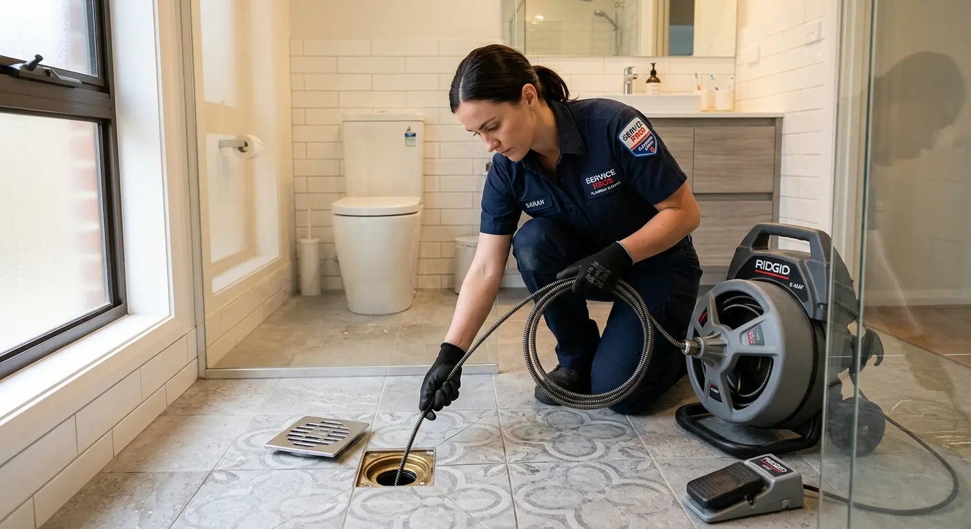 Technician clearing a bathroom floor drain for Clogged Drain Repair in Blackwell